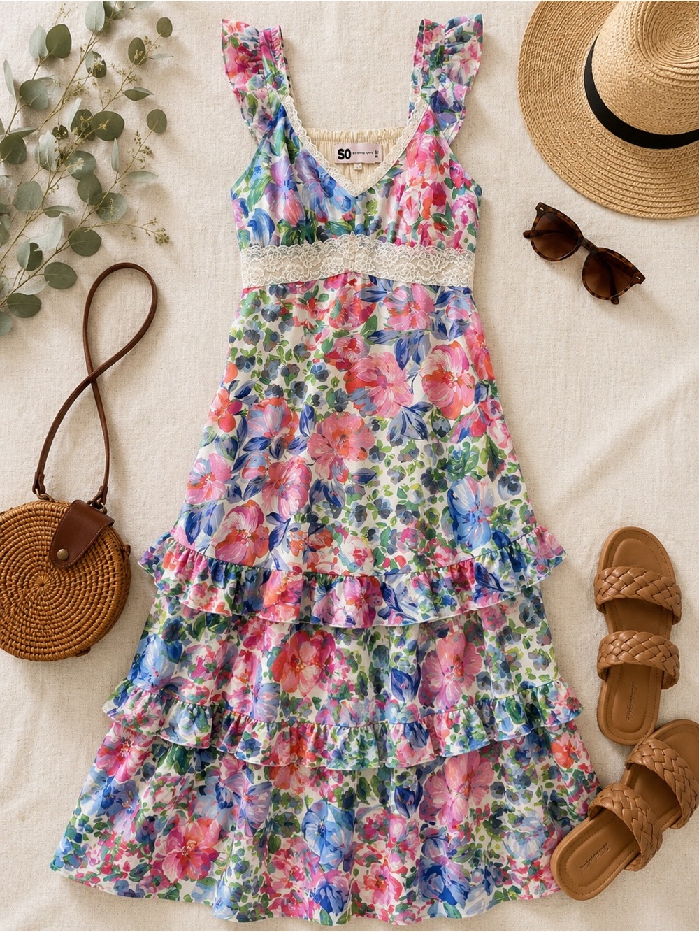 SO Clothing Floral Lace Trim Ruffle Maxi Dress | Medium | Worn Once